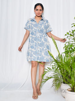 Sivaka India - Blue Floral Print Collared Cotton Shirt Dress
