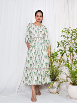 Sivaka India - White Puff Sleeves Cotton Dress with Belt