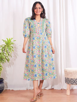 Sivaka India - Floral Print Puff Sleeves Cotton Midi Dress