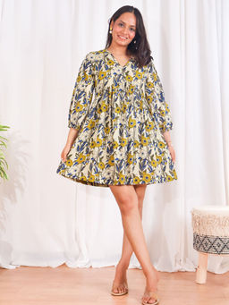 Sivaka India - Beige Floral Handblock Print Puff Sleeves Cotton Short Dress