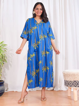 Sivaka India - Blue Tropical Straight Cotton Midi Dress with Belt