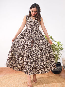 Sivaka India - Charcoal Handblock Print Tiered Cotton Maxi Dress with Dori
