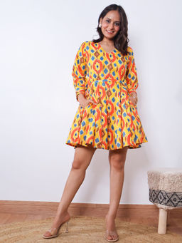 Sivaka India - Yellow Ikat Print Circular Cut Cotton Dress with Belt