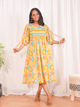 Sivaka India - Yellow Puff Sleeves Flared Cotton Midi Dress