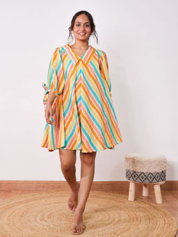 Sivaka India - Circular Cut Puff Sleeves Cotton Short Dress
