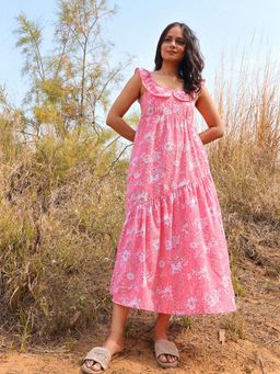 Sivaka India - Pink Frilled Sleeveless Cotton Midi Dress