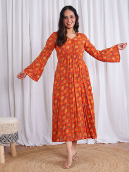 Sivaka India - Orange Flared Cotton Modal Maxi Dress