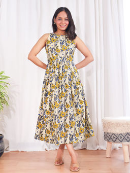 Sivaka India - Bagru Handblock Print Round Neck Cotton Maxi Dress