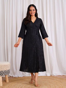 Sivaka India - Black Cotton Dobby Lurex A Line Wrap Dress