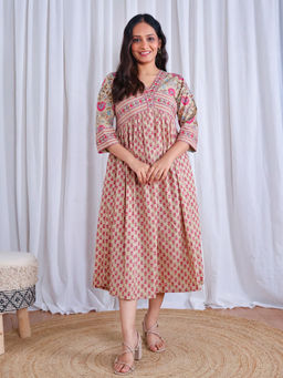 Sivaka India - Beige Flared Cotton Midi Dress