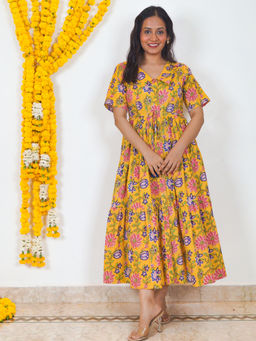 Sivaka India - Yellow Floral Handblock Print Cotton Maxi Dress with Dori