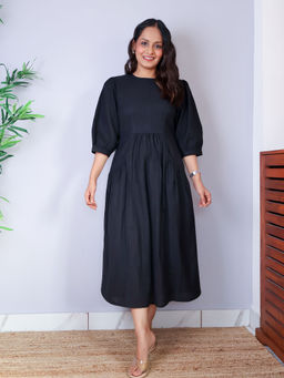 Sivaka India - Black Puff Sleeves Cotton Midi Dress
