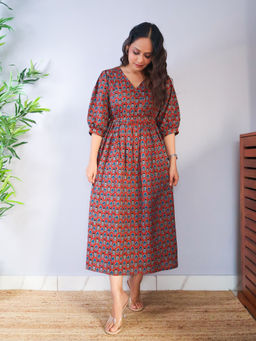 Sivaka India - Red Puff Sleeves Cotton Midi Dress