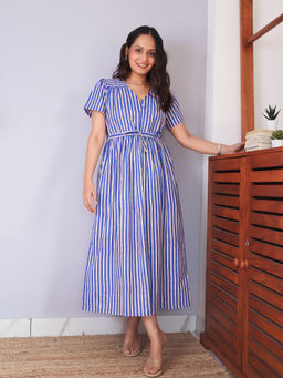Sivaka India - Blue Stripes Print Cotton Maxi Dress