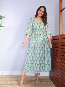 Sivaka India - Green Puff Sleeves Cotton Midi Dress