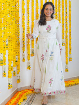 Sivaka India - White Floral Handblock Print Cotton Lurex Maxi Dress