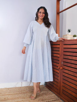 Sivaka India - Blue Striped Kali Cut Cotton Maxi Dress