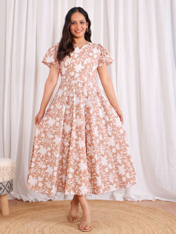 Sivaka India - Brown Circular Cut Flared Cotton Maxi Dress with Belt