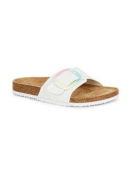MOZAFIA - Womens Solid Buckled Sliders-White