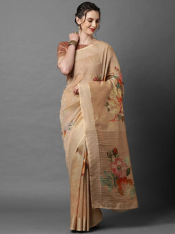 Akhilam - beige Party Wear Cotton silk Printed Saree with Unstitched Blouse