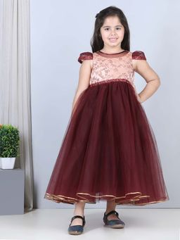 Toy Balloon Kids - Girls Maroon Floral Party Wear Gown