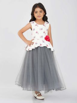 Toy Balloon Kids - Girls Grey Floral Print Party Wear Gown