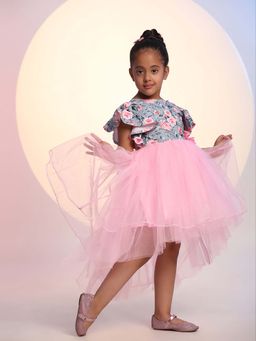 Toy Balloon Kids - Girls Baby Pink Floral High Low Party Wear Dress