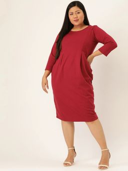 theRebelinme - Plus Size Women Maroon Solid Color Sheath Knitted Winter Dress