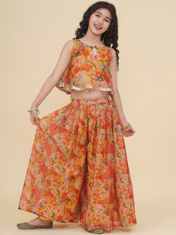 BITIYA BY BHAMA - Girls Ethnic Yellow Floral Top and Palazzo