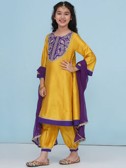 BITIYA BY BHAMA - Girls Ethnic Yellow Floral Kurta with Salwar and Dupatta