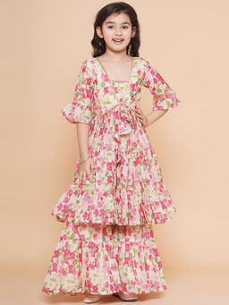 BITIYA BY BHAMA - Girls Ethnic Cream Floral Kurta and Sharara