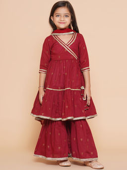 BITIYA BY BHAMA - Girls Ethnic Maroon Printed Kurta with Sharara and Dupatta