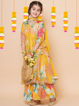 BITIYA BY BHAMA - Girls Ethnic Yellow Floral Kurta with Sharara and Dupatta
