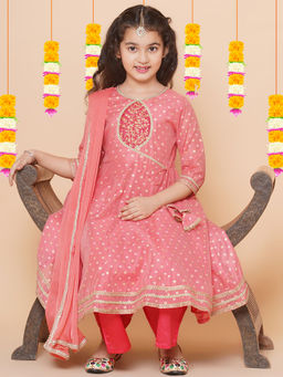BITIYA BY BHAMA - Girls Ethnic Peach Woven Kurta with Palazzo and Dupatta