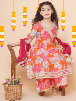 BITIYA BY BHAMA - Girls Ethnic Orange Floral Kurta with Sharara and Dupatta