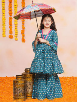 BITIYA BY BHAMA - Girls Ethnic Teal Woven Kurta and Sharara