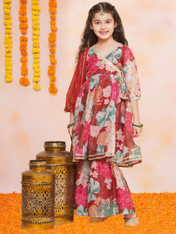 BITIYA BY BHAMA - Girls Ethnic Maroon Floral Kurta with Sharara and Dupatta