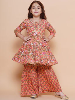 BITIYA BY BHAMA - Girls Ethnic Peach Floral Kurta and Sharara