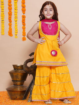 BITIYA BY BHAMA - Girls Ethnic Yellow Woven Kurta with Sharara and Dupatta