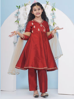 BITIYA BY BHAMA - Girls Ethnic Maroon Woven Kurta with Pant and Dupatta