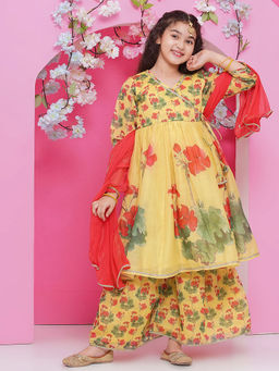 BITIYA BY BHAMA - Girls Ethnic Yellow Floral Kurta with Sharara and Dupatta