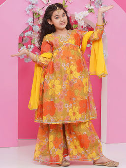 BITIYA BY BHAMA - Girls Ethnic Yellow Floral Kurta with Sharara and Dupatta