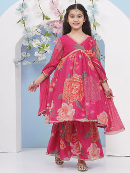 BITIYA BY BHAMA - Girls Ethnic Pink Floral Kurta with Sharara and Dupatta