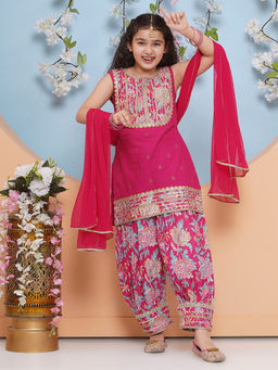 BITIYA BY BHAMA - Girls Ethnic Pink Floral Kurta with Salwar and Dupatta