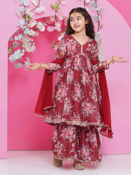BITIYA BY BHAMA - Girls Ethnic Maroon Floral Kurta with Sharara and Dupatta