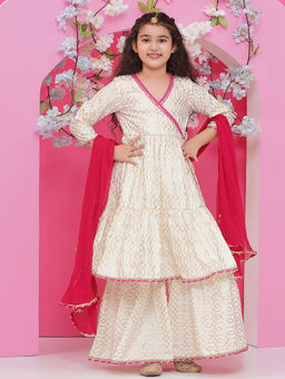 BITIYA BY BHAMA - Girls Ethnic Off White Printed Kurta with Sharara and Dupatta