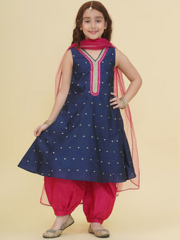BITIYA BY BHAMA - Girls Ethnic Navy Blue Woven Kurta with Salwar and Dupatta