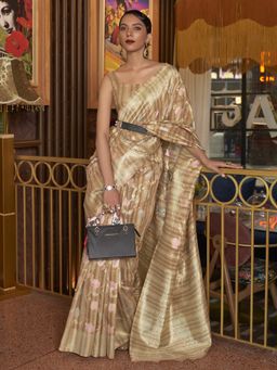 Akhilam - Womens Silk Blend Beige Woven Design Handloom Saree with Unstitched Blouse