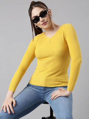 Yellow One Shoulder Full Sleeves Fitted Top
