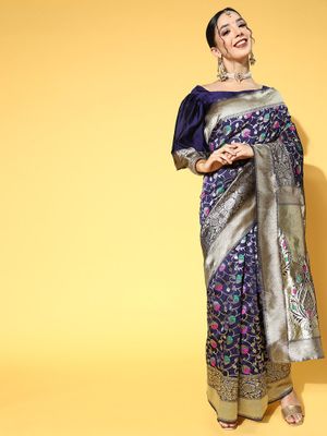 Women's Linen Blend Blue Woven Design Celebrity Saree With Blouse Piece